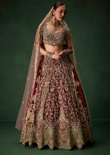 Maroon Bridal Silk Embellished Lehenga Set with  Two Dupattas