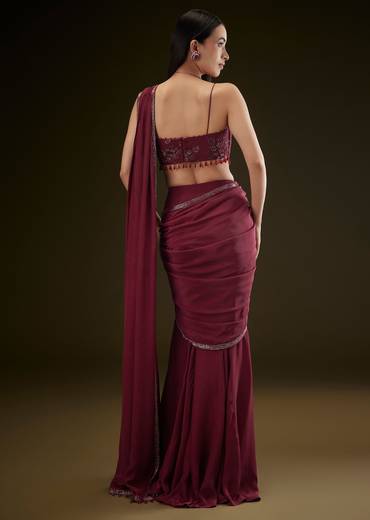 Maroon Corset Embroidered Blouse With Pre Stitched Draped Saree
