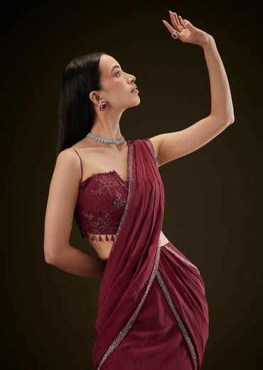 Maroon Corset Embroidered Blouse With Pre Stitched Draped Saree