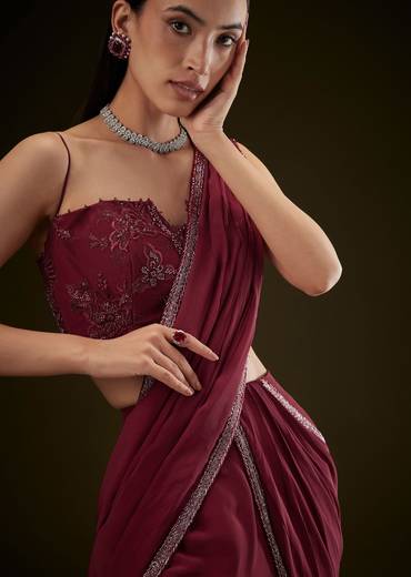 Maroon Corset Embroidered Blouse With Pre Stitched Draped Saree