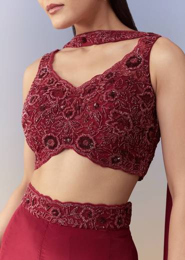 Maroon Indo Western Crop Top Palazzo and Dupatta Set