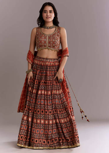 Maroon Modal Bridesmaid Lehenga With Hand Dyed Ajrakh Print