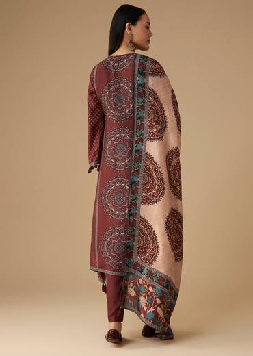 Maroon Printed Silk Kurta Pant Set