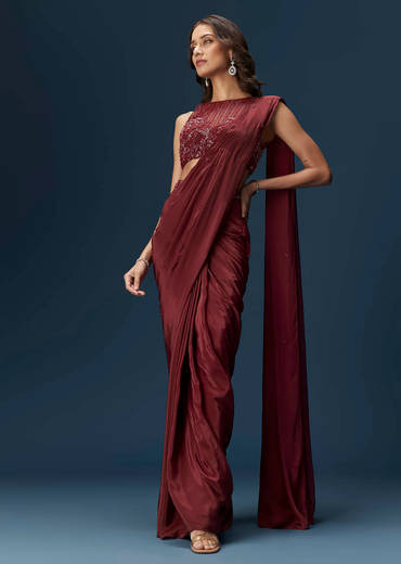 Maroon Ready Pleated Saree With High Neck Blouse