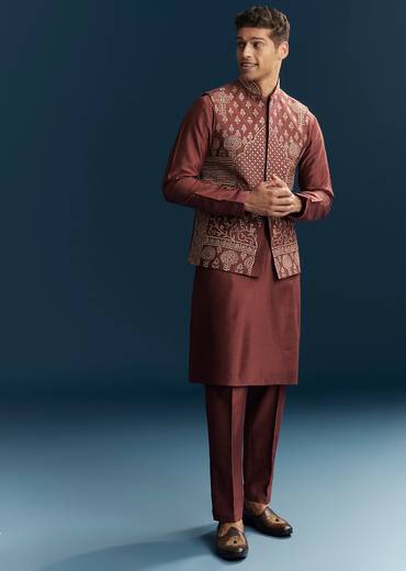Maroon Red Silk Kurta Jacket Set With Thread Detail Work