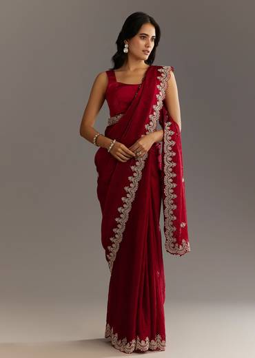 Maroon Satin Embroidered Saree With Scallop Border