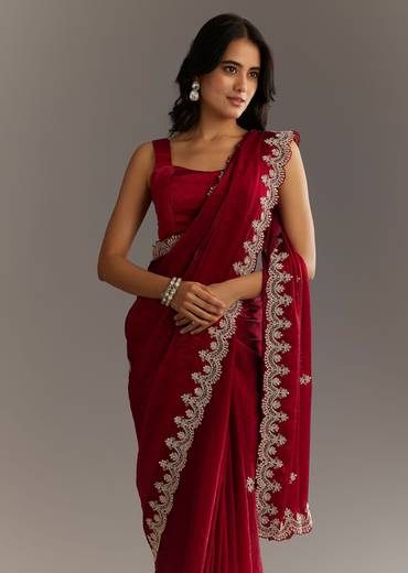 Maroon Satin Embroidered Saree With Scallop Border
