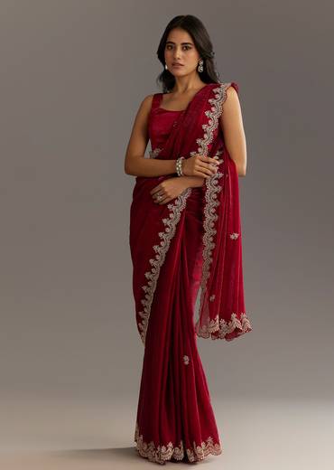 Maroon Satin Embroidered Saree With Scallop Border