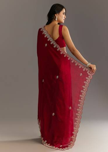 Maroon Satin Embroidered Saree With Scallop Border