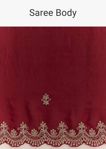 Maroon Satin Embroidered Saree With Scallop Border