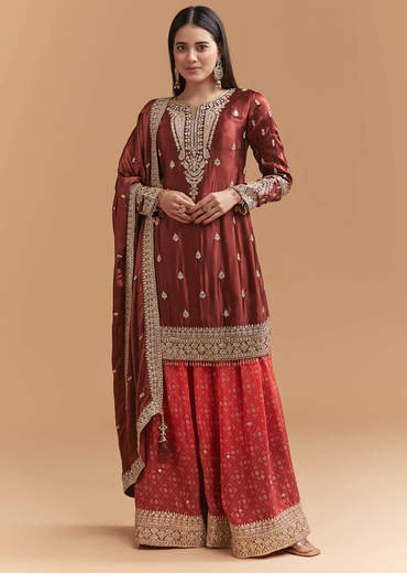 Maroon Satin Palazzo Suit With Heavy Zari Work