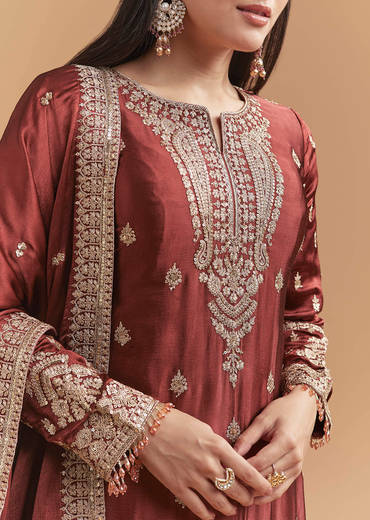 Maroon Satin Palazzo Suit With Heavy Zari Work