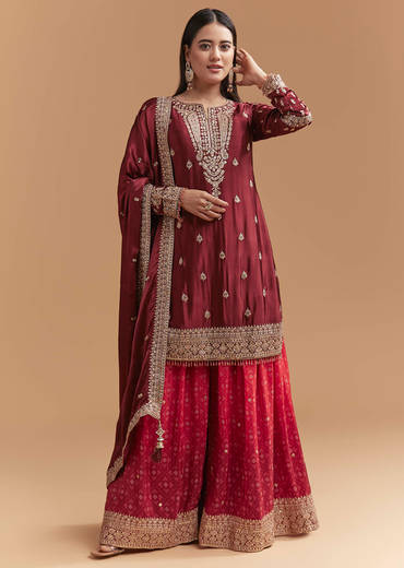 Maroon Satin Palazzo Suit With Heavy Zari Work