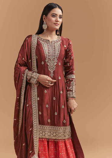Maroon Satin Palazzo Suit With Heavy Zari Work