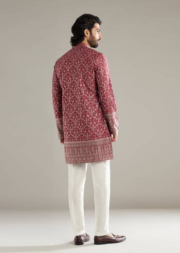 Maroon Silk Kurta Set For Men With Sequins And Resham Embroidery