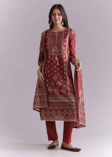 Maroon Silk Kurta Set With Indie Print