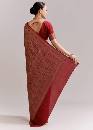 Maroon Silk Woven Brocade Saree With Zari And Floral Border