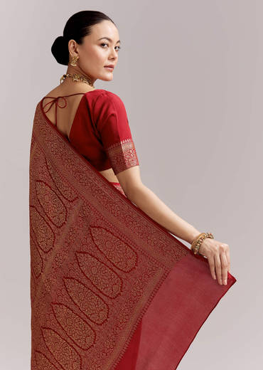 Maroon Silk Woven Brocade Saree With Zari And Floral Border