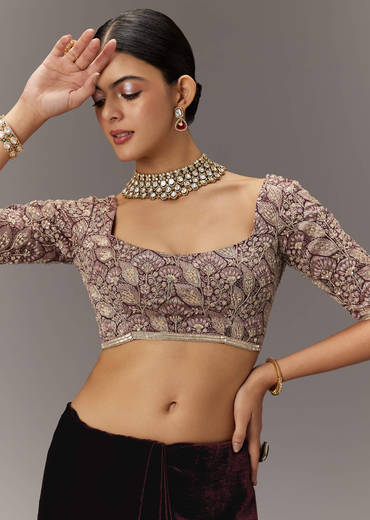 Maroon Velvet Saree With Brocade Embroidered Blouse