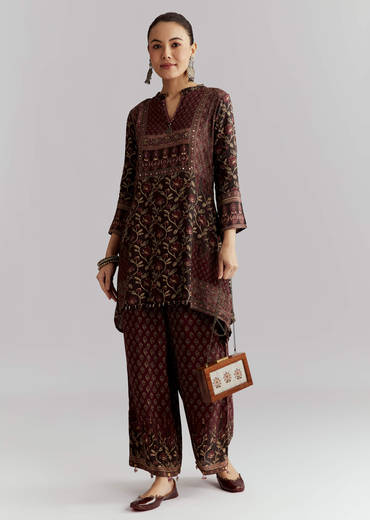 Maroon Viscose Co Ord Set With Floral Print