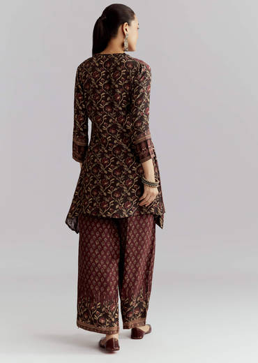 Maroon Viscose Co Ord Set With Floral Print