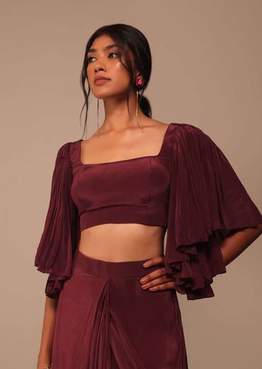 Maroon Indo-western Creep Saree Set With Embroidered Belt