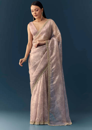 Mauve Jacqaurd Floral Print Tissue Silk Saree with Unstitched Blouse