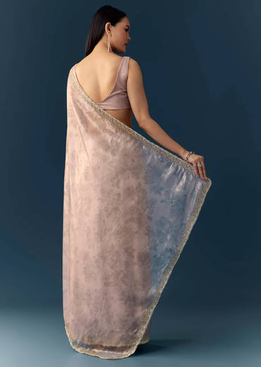 Mauve Jacqaurd Floral Print Tissue Silk Saree with Unstitched Blouse