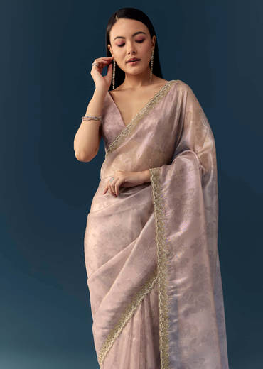 Mauve Jacqaurd Floral Print Tissue Silk Saree with Unstitched Blouse