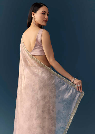 Mauve Jacqaurd Floral Print Tissue Silk Saree with Unstitched Blouse