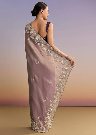 Mauve Jacquard Embroidered Saree With Floral Border