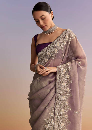 Mauve Jacquard Embroidered Saree With Floral Border