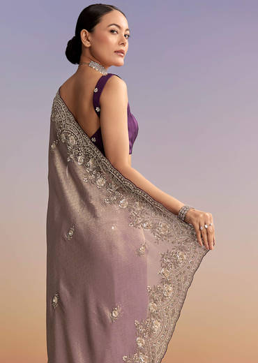Mauve Jacquard Embroidered Saree With Floral Border