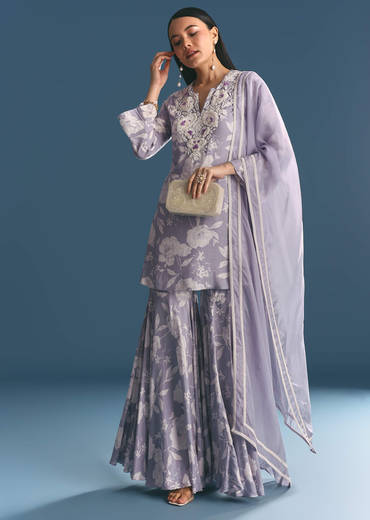 Mauve Muslin Floral Print Kurta Sharara Suit With Moti Cutdana Work