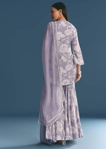 Mauve Muslin Floral Print Kurta Sharara Suit With Moti Cutdana Work