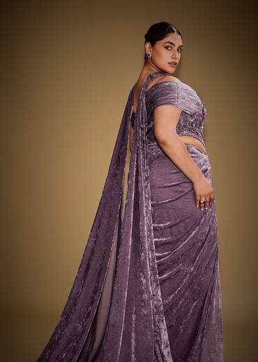 Mauve Off Shoulder Velvet Gown With Keyhole Detail And Embroidered Choker