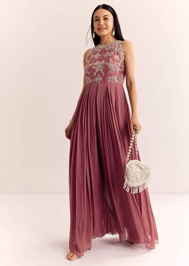 Mauve Pink Georgette Jumpsuit With Cutdana Beads And Threadwork