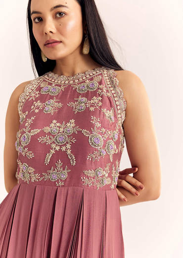 Mauve Pink Georgette Jumpsuit With Cutdana Beads And Threadwork