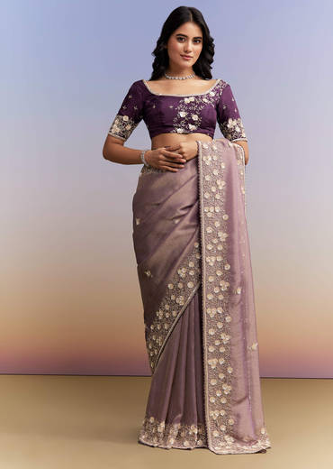 Mauve Purple Jacquard Tissue Saree With Heavy Hand Embroidery