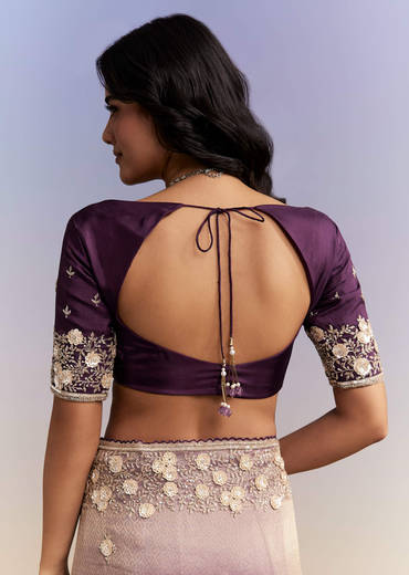 Mauve Purple Jacquard Tissue Saree With Heavy Hand Embroidery