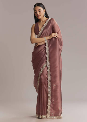 Mauve Silk Saree With Bead And Cutdana Embroidery