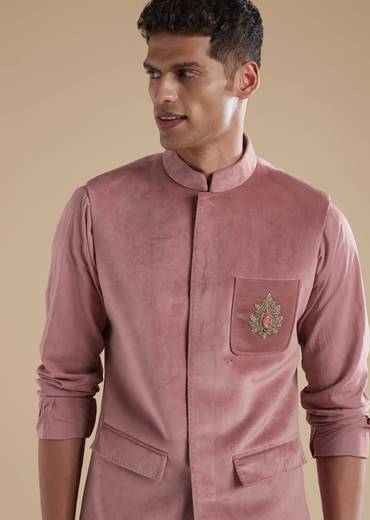 Mauve Suede Jodhpuri Set With Stone Zardosi Work