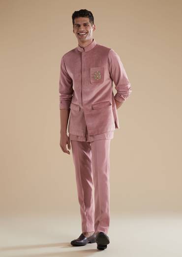 Mauve Suede Jodhpuri Set With Stone Zardosi Work