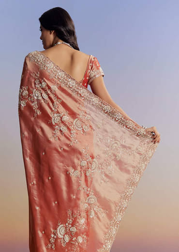 Mauve Tissue Saree With Scallop Border And Bead Embroidery