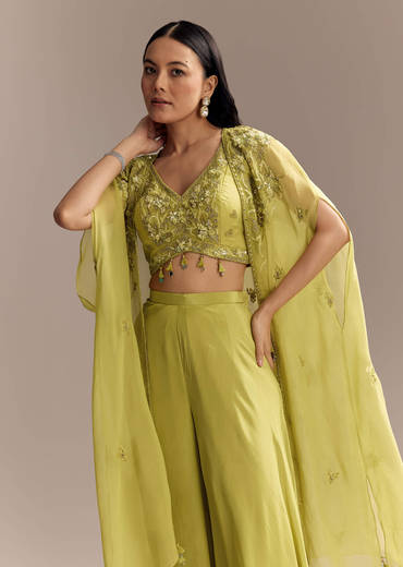 Mehendi Green Crepe Crop Top And Palazzo Set With Embroidered Cape