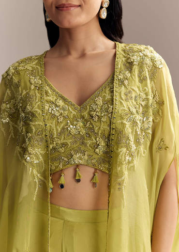 Mehendi Green Crepe Crop Top And Palazzo Set With Embroidered Cape