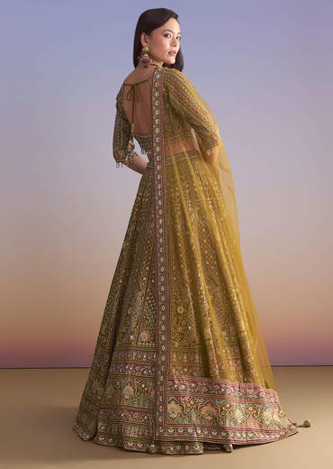 Mehendi Green Crepe Printed Bridesmaid Lehenga With Mirror And Sequin Work