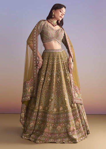 Mehendi Green Crepe Printed Bridesmaid Lehenga With Mirror And Sequin Work