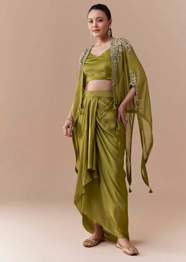 Mehendi Green Crop Top Draped Skirt Set with Sequin Cape