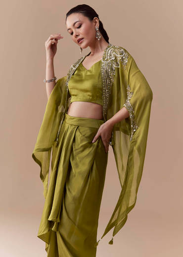 Mehendi Green Crop Top Draped Skirt Set with Sequin Cape